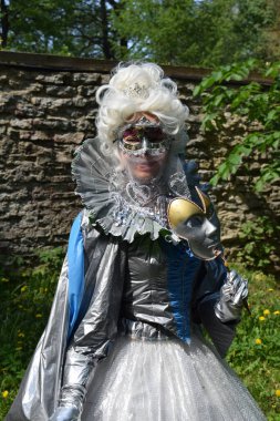 Maskeli Zarif Gümüş ve Mavi Karnaval Kostümü