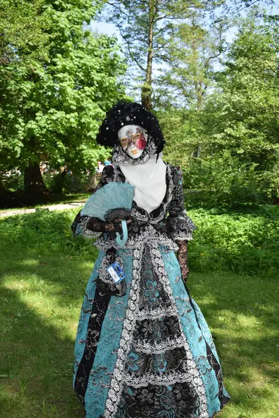 Parktaki Zarif Siyah ve Teal Karnavalı Kostümü