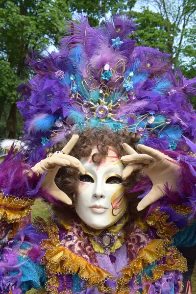 Tallinn 'deki Süslü Mor ve Altın Karnaval Maskesi' nin Yakın Çekimi