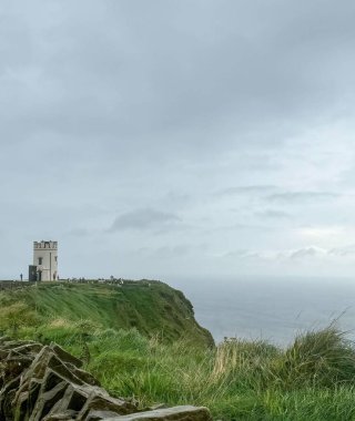 Okyanusa bakan dramatik bir uçurumun üzerindeki panoramik bir kule manzarası, bulutlu bir arka plan ve rüzgarda sallanan yemyeşil çimenler.