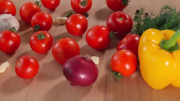 Tomates Vermelhos Pimentas Amarelas Cebolas Azuis Alho Ervas Estão Uma — Vídeo de Stock