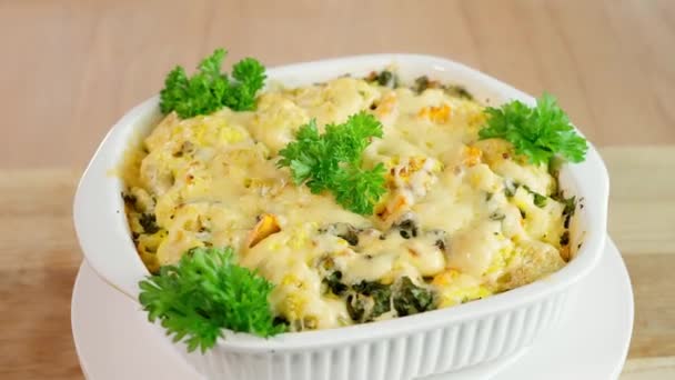 Vegetable Cauliflower Casserole Cheese Eggs Cream Close Baking Dish Demonstration — Stock Video