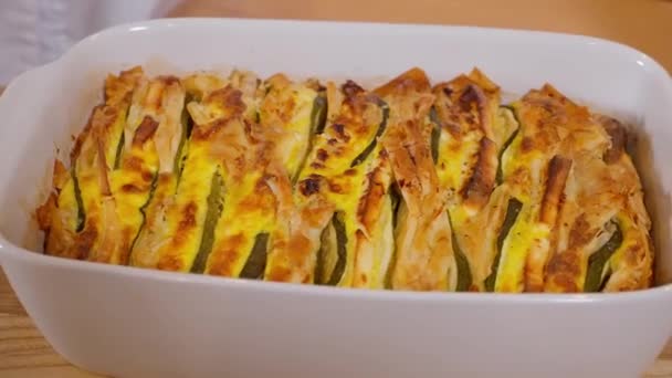 Close Freshly Baked Pie Casserole Filled Zucchini Fetta Cheese White — Stock Video