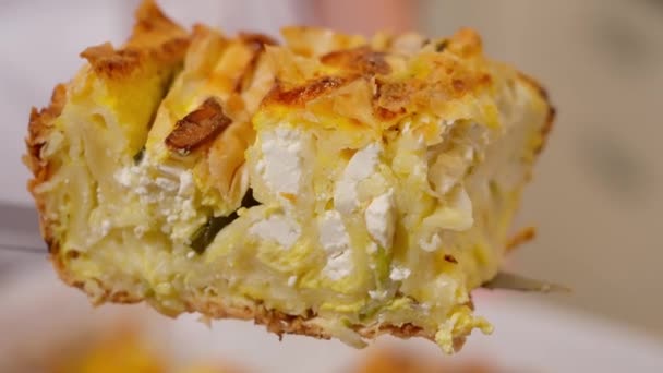 焼きたての美味しい自家製パイ ズッキーニ チェッカソールのスライス クローズアップ マクロ フロントビュー — ストック動画