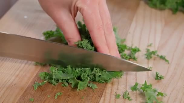 Šéfkuchař Připravuje Zdravou Veganskou Snídani Ženská Ruka Krájí Mladé Kapustové — Stock video