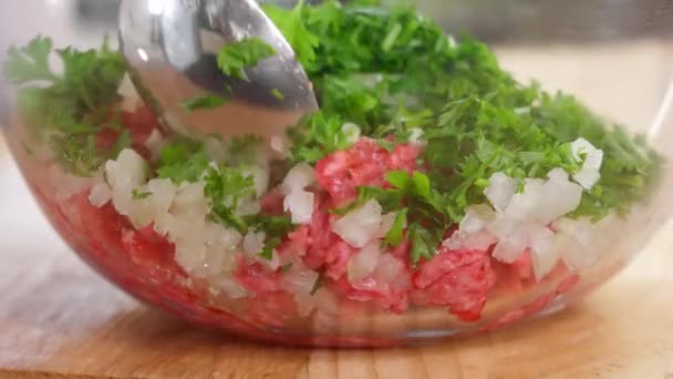 宏观摄影 在一个玻璃碗 切肉和牛肉 加上洋葱和香草与勺子混合 — 图库视频影像
