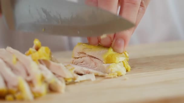 Chef Uses Sharp Knife Cut Boiled Chicken Breast Cubes Wooden — Stock Video