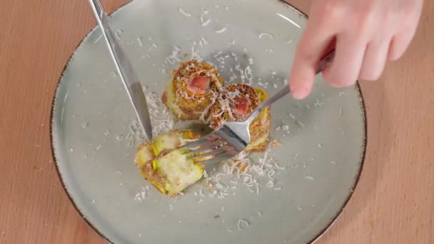 Prepared Zucchini Rolls Ham Cheese Parmesan Grated Top Fine Grater — Stock Video