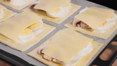 Pişmeden önce mantarlı ve peynirli mini pizzanın yakın çekimi. Mantarlı mini pizza, aperatif, üst manzara, makro