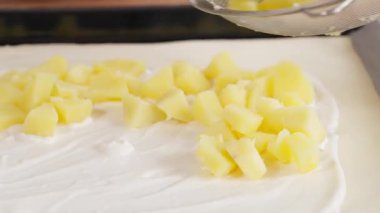 Makro. Şef hamura haşlanmış patates koyar. Patates ve pastırmalı turta. Patates tabağı, patates püresi, haşlanmış patates, turta dolgusu ve atıştırmalık. Yakın plan, ön görünüm