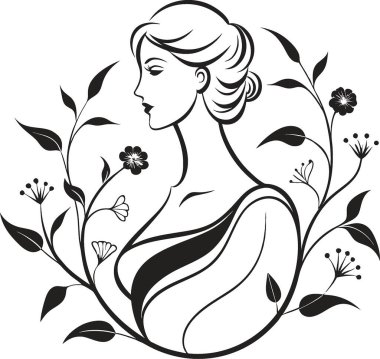 Zarif çiçek ve botanik elementlerle çevrili bir kadın profilinin sofistike siyah beyaz çizimi. Bu zarif tasarım güzelliği, kadınlığı ve zarafeti temsil eder, onu markalaşma, moda, sağlık, kaplıca ve güzellik için ideal kılar.