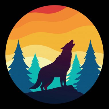 Uluyan bir kurt siluetinin çarpıcı bir temsili. Çam ağaçlarıyla dolu renkli bir günbatımı gökyüzüne karşı. Dairesel tasarım cesur ve atmosferik bir sahne yaratıyor, vahşi yaşam, doğa, macera ve açık hava temalı projeler için mükemmel.. 