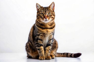 Adorable domestic cat sitting upright on a plain white background, showcasing its tabby coat. The cat has striking large eyes, a mix of amber and yellow, with distinct facial markings. Its fur is a combination of tabby stripes clipart