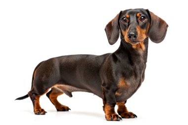 Dachshund köpeği beyaz arka planda duruyor, parlak siyah ve bronz ceketini sergiliyor. Küçük cins köpeğin uzun bir vücudu, kısa bacakları ve sarkık kulakları vardır. Kendine güven ve merak yayar. Bu resim, neşeli ve sadık köpeği vurgular.