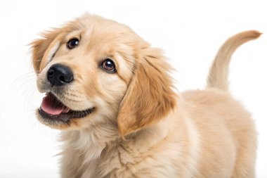 Sevimli Golden Retriever yavrusu, beyaz bir arka planda kameraya bakıyor. Yavrunun yumuşak altın kürkü, sarkık kulakları ve neşeli doğası, onun dost canlısı ve sevecen kişiliğini ön plana çıkarıyor..