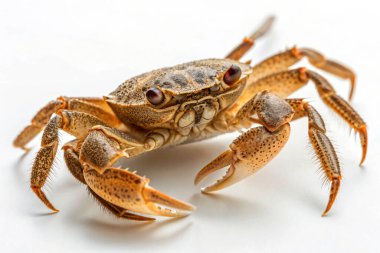 Beyaz arkaplanda kumda yengeç, yakın plan -