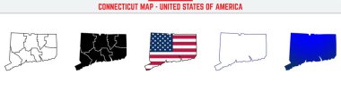 Connecticut Haritası 'nda düzenlenebilir vuruş simgesi. Connecticut State ince çizgi ikonu, Connecticut harita vektör illüstrasyonu, Connecticut, CT mavi siluet vektör haritası