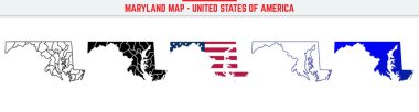 Maryland Haritası 'nda düzenlenebilir vuruş simgesi. Maryland State ince çizgi ikonu, Maryland harita vektör çizimi, Maryland, MD mavi siluet vektör haritası
