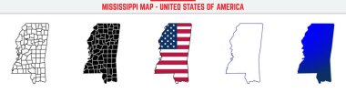 Düzenlenebilir vuruş simgesiyle Mississippi Haritası. Mississippi Eyaleti ince çizgi ikonu, Mississippi harita vektör çizimi, Mississippi, MS mavi siluet vektör haritası