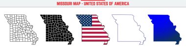 Missouri Haritası ve düzenlenebilir vuruş simgesi. Missouri ABD Eyaleti ince çizgi simgesi, Missouri harita vektör çizimi, Missouri, MO mavi siluet vektör haritası