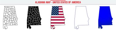 Düzenlenebilir vuruş ikonlu Alabama Haritası. Alabama Eyaleti ince çizgi ikonu, Alabama harita vektör illüstrasyonu, Alabama, AL mavi sihouette vektör haritası