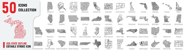 Bu koleksiyonda, 50 eyaletin ana hatlarını temiz ve ince bir çizgi şeklinde gösteren minimalist ABD eyalet çizgisi simgeleri yer alıyor. Coğrafya, eğitim materyalleri, bilgi grafikleri ve seyahat rehberleri ile ilgili projeler için mükemmel, bunlar düzenlenebilir vektörler
