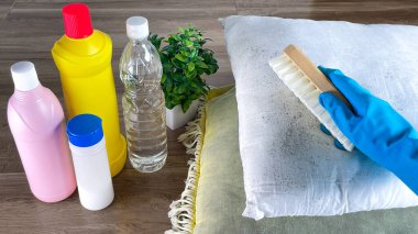 Bir fırça ve ev kimyasalları kullanarak yastığın kalıbını çıkarma süreci. Arka planda temizlik ürünleri şişeleri ve bir ev bitkisi var..