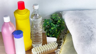 Mantardan etkilenen yastıklar temizlik ürünleri, bir şişe sirke ve dekoratif bitkinin yanında yatar. Mobilya ve tekstil kalıplarının kaldırılması.