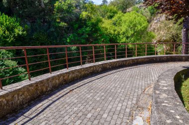 Korkuluklu asfalt bir yolun manzaralı görüntüsü, bir park ortamında yemyeşil bir alanda dönüyor. Seyahat, doğa ya da parkla ilgili konular için uygun. Huzurlu bir park manzarası yakalar.