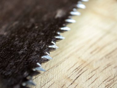 Tahtadaki testere bıçağını kapat. Tahtaları elle kesmek için marangozun aracı.