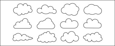 Bulutların çizgi vektör simgeleri. Gökyüzündeki şekiller. Hava durumu uygulaması ya da bulut depolaması için basit çizimler. Siyah ve beyaz