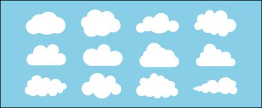 12 düz bulut kümesi. Basit sevimli vektör çizimi. Çocuk çizimi. Hava durumu veya bulut depolama ikonu. Mavi yaz gökyüzü.