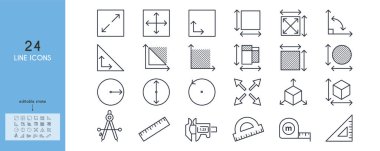 Boyut, alan, çevre çizgisi simgesi ölçüsü ayarlandı. Caliper, üçgen cetvel, açıölçer, daire, küp, kare, üçgen, açı vektörü çizimi. Taslak şarkı söylüyor. Düzenlenebilir Vuruş.
