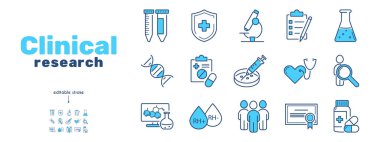 Klinik çalışma, deneyler, araştırma çizgisi ikonu seti. Karşılaştırma grubu, test uzmanı, şırınga, haplar, mikroskop, test tüpleri, DNA, test, reçete, Rh faktörü, kan vektörü çizimi. Düzenlenebilir Vuruş.