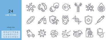 İnsan bağışıklık sistemi çizgi simgesi seti. Kalkan, aşı, şırınga, maske, probiyotik, bakteri, antijen, lökosit, makrophpg, D vitamini, normal uyku, fiziksel aktivite çizimi düzenlenebilir felç
