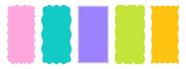 5 renkli dikdörtgen seti. Pembe, mavi, yeşil, sarı ve mor renkli şekiller. El çizimi tırnak içinde. Bir hikaye için modaya uygun bir şablon. Beyaz arkaplanda vektör illüstrasyonu.