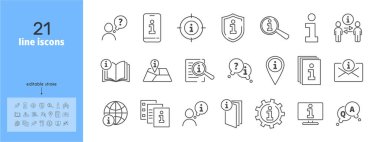 Bilgi merkezi satır simgesi seti. Rehber, kılavuz, yardım, ipucu, cevap, özel ders, broşür, broşür, arama, ayarlar, web, kitap, el ilanı, resepsiyon vektörü ilülasyonu. Düzenlenebilir Vuruş.