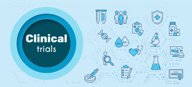 Klinik çalışma, deneyler, mavi arka plan araştırma konsepti. Karşılaştırma grubu, test uzmanı, şırınga, haplar, mikroskop, test tüpleri, DNA, test, reçete, Rh faktörü kan vektörü kesme biçimi