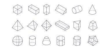 Geometrik şekillerin vektör çizgisi simgeleri. Küp, küre, koni, silindir, piramit ve diğer üç boyutlu geometrik şekiller. Taslak işaretleri