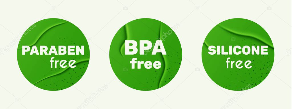 Silicone, paraben, BPA free. 3 round green paper glued logo. Icon of plastic without chemical preservatives. Vector symbol on a white background