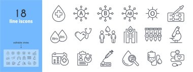 Kan bağışı çizgisi simgeleri ayarlandı. Hücre, anemi, hematoloji, kanser, damar, tıbbi vektör illüstrasyonu Düzenlenebilir Vuruşlar