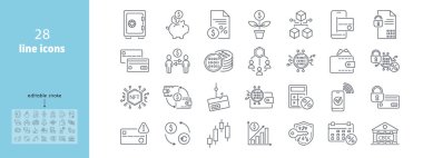 Akıllı dijital finans hattı simgeleri ayarlandı. Finans kurumları, bankalar, fintech şirketleri, pazarlama, internet ve mobil uygulamalar için basit taslak tabelalar. Düzenlenebilir Vuruş. Vektör illüstrasyonu.