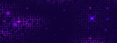 Neon mor soyut arkaplan. Parlak oyun arkaplanı. Lacivert arkaplan, menekşe ve pembe parçacıklar. Dijital teknoloji mozaik vektör deseni.