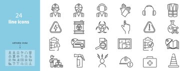 Çizgi simgesi iş yeri güvenliğini, yangın korumasını, kask kullanımını ve işçi güvenliğini gösteriyor. Tahliye planları, acil durum müdahalesi, kaza önleme ve ekipman standartlarını içerir.