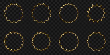 Parlak ve yıldızlı yuvarlak altın çerçeve. Şeffaf arkaplanda altın bir ışık yüzüğü. Ödül veya kutlama tasarımı için soyut arkaplan.