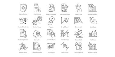 Vektör çizgisi simgeleri tıbbi bir deneyi temsil ediyor. Çalışma, araştırma, test ve klinik bağlamını gösterir. Klinik veya eğitim ortamlarında kullanılabilir.