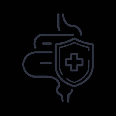 Bir vektör çizgisi ikonu, bağırsakların tıbbi haçla korunduğunu gösteriyor. Gastrointestinal sistem koruması..