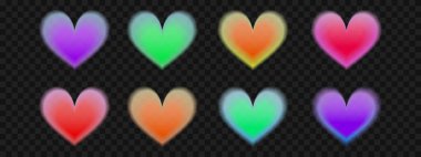 Siyah şeffaf arkaplana ayarlanmış kademeli kalp şekli. Hologram dokusu olan Y2K soyut bulanık elementler. Renkli çerçeve simgesi koleksiyonu. Vektör.