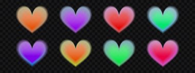 Y2K bulanık efektli kalp gradyanı seti. Ses deseni ve tahıl arkaplan elementleri içeren derecelendirme figürü koleksiyonu. Etiket ve kolaj kullanımı için şeffaf soyut simge paketi. Vektör.