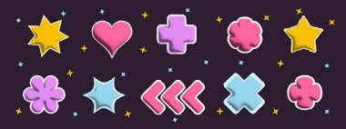 Y2K tarzında 3D yarım ton grunge şekilleri. Piksel bitmap yıldızı, kalp, çiçek, ok, kütle eğimli dokuyla çapraz. Karanlık vektör arkaplanındaki renkli bozuk elementler.